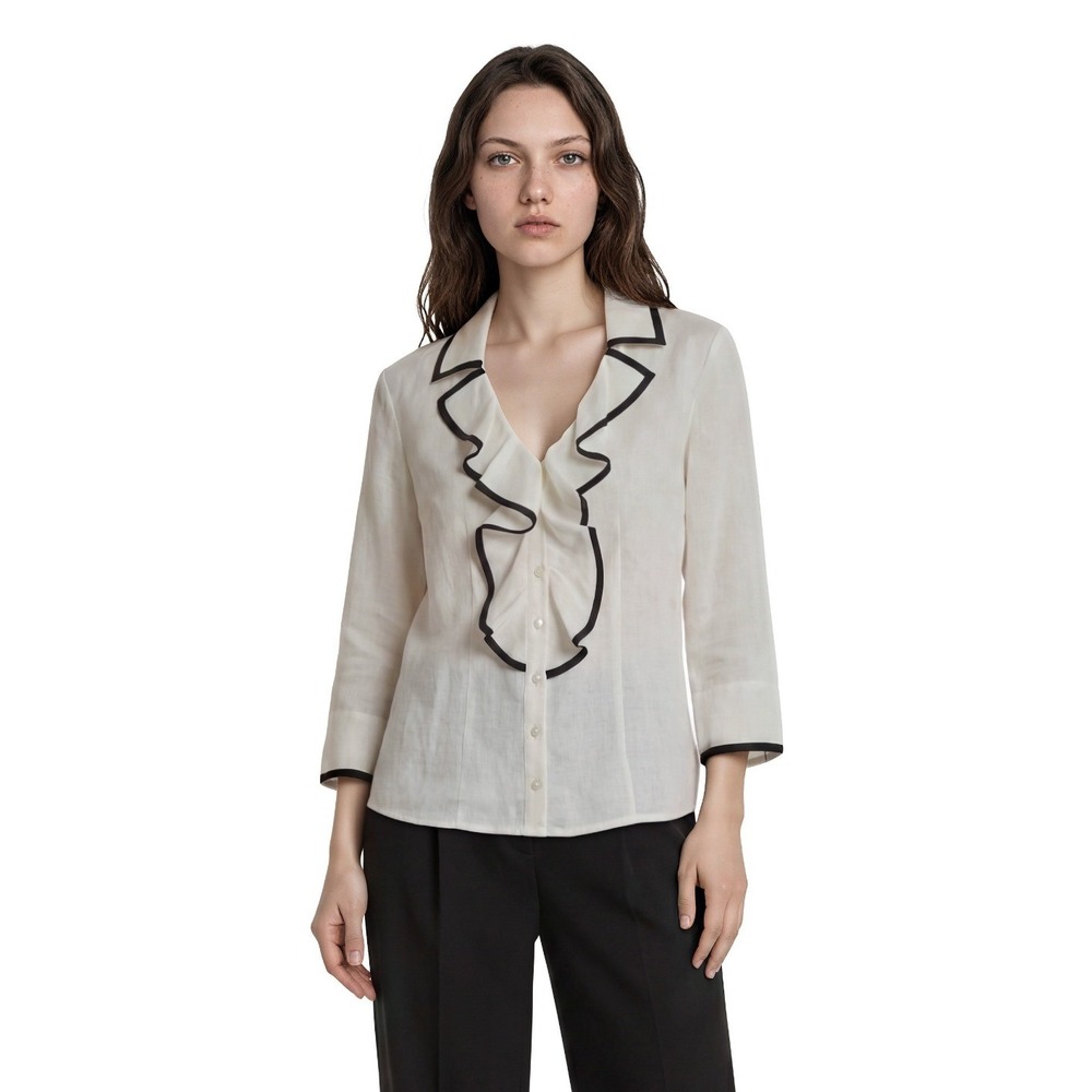 Talbots 100% Linen Ruffle Front Blouse Women's Size 10 White Black Trim